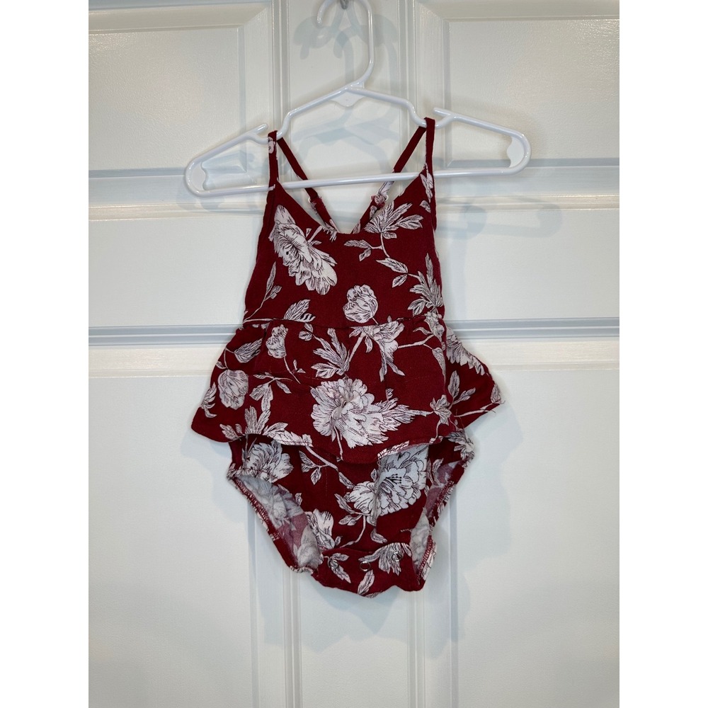PatPat Baby Girl Burgundy Floral Ruffle Peplum Romper Size 9-12M